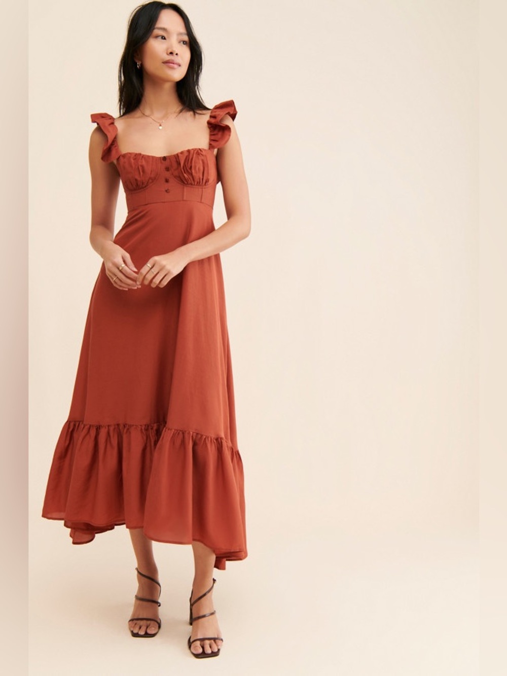 Farm Rio Cinnamon Ruffle
Strap Maxi Dress. - Picture 2 of 5